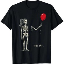 Funny Skeleton Red Balloon Graphic Tee Halloween Skeleton Art Casual T Shirt`