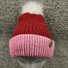 Knit Beanie Hat Toque Toboggan Size L Red/PinkWinter Warm Pom Pom Handmade