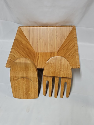 Pampered Chef Bamboo Square Salad Bowl #2249 Bamboo Tong Claw Set #2288  GUC