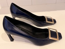 Roger Vivier Womens Stiletto Buckle Square Toe Pumps Navy Blue Leather Size 38.5