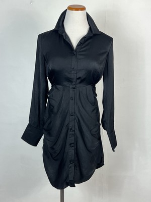 Princess Polly Black Satin Long Sleev Mini shirt wrap Dress Size 4 goth witch