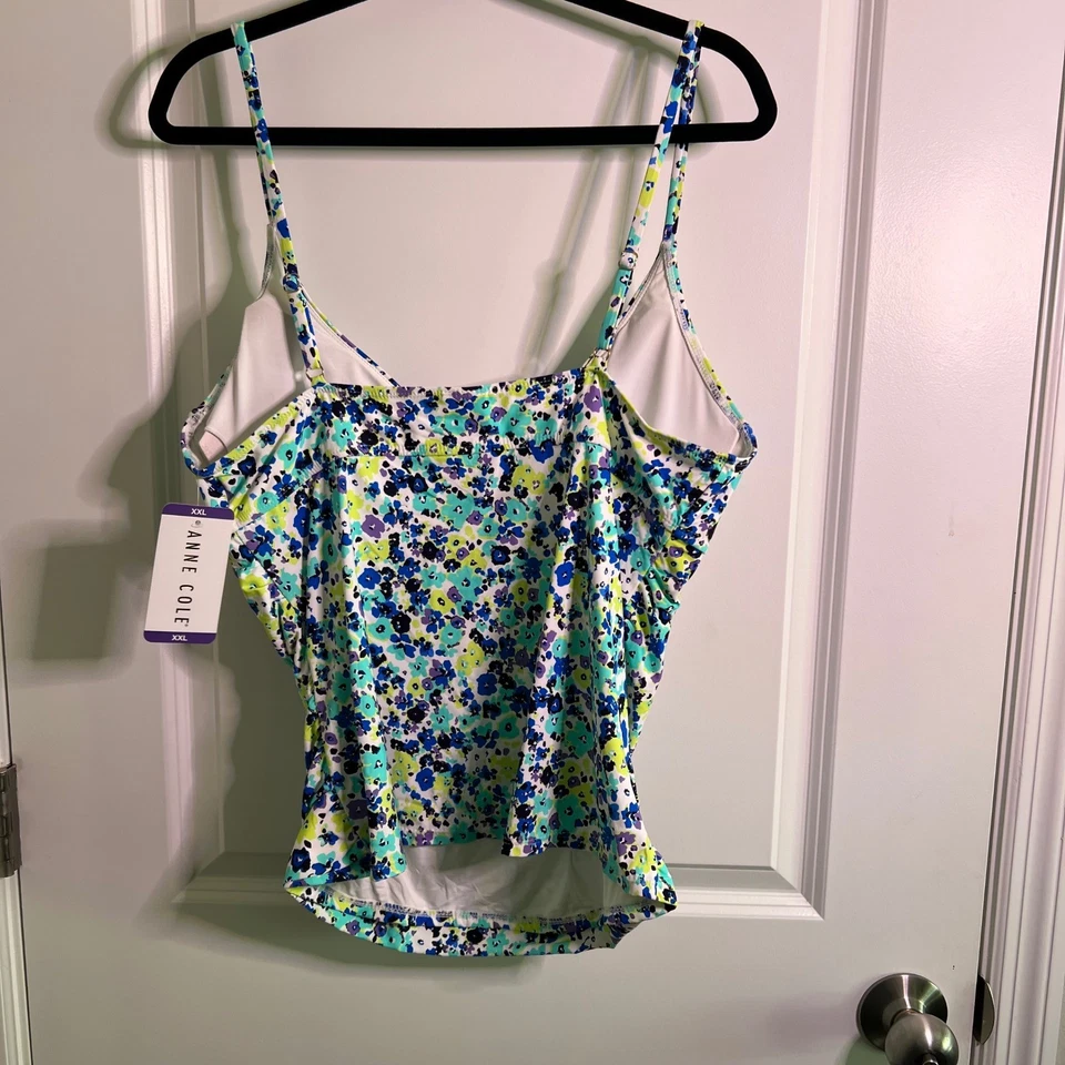 Anne Cole Floral Tankini Swim Top Women's XXL Blue Green Purple Ruched Sides - Image 3 of 3