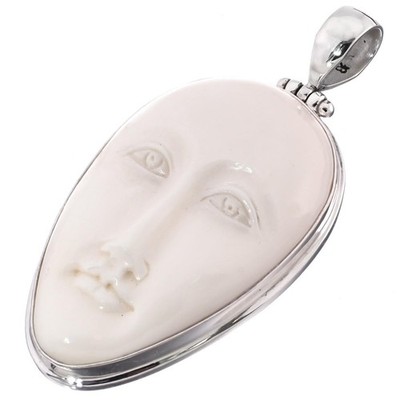 Handgefertigter Bali Göttin Bison Knochenschnitzerei Sterlingsilber Anhänger, 2 1/8''