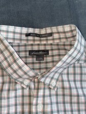 Eddie Bauer Men  s 2XL Wrinkle Free Relaxed Peach/Gray/White Plaid Button Shirt