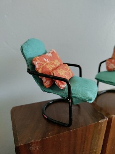 2 Dollhouse Chairs MCM Modern Handcrafted Metal Frame Pillows Turquoise Coral - Picture 2 of 10