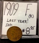 1909 Lincoln Wheat Cent F! Last Year Indian Cent! ENN Coins