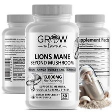 Organic Lions Mane Supplement Capsules with Chaga, Reishi & Maitake, 13000mg