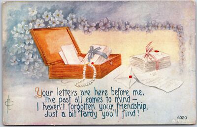 Friendship and Tardy Replies, Letters, Pearls, & Blue Flowers, Vintage Postcard