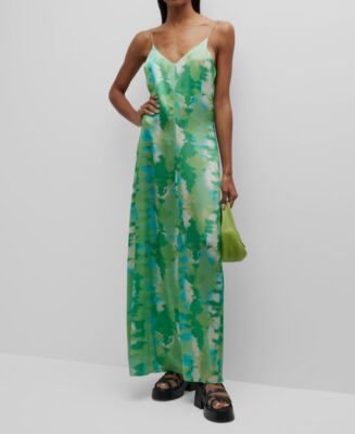 $595 Ganni Women's Green Silk Printed V-Neck Sleeveless Slip Dress Size 50  | eBay