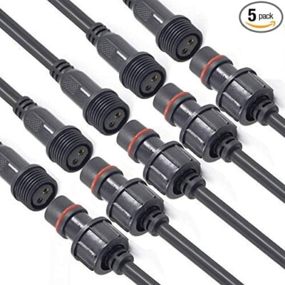 Waterproof Connectors 2 Wire, 16AWG Male Female Plug LED Connector, 5 Pairs