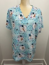 LARGE Frosty the Snowman Christmas Let it Snow Blue Medical Vet Scrub Med Top