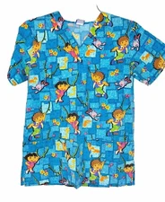 Nick Jr Dora the Explorer Womens Small Blue Healthcare Medical Nurse Scrub Top