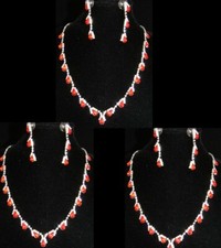 3 Sets Bridal Prom Bridesmaid Red Crystal Necklace & Earring Silver Birthday