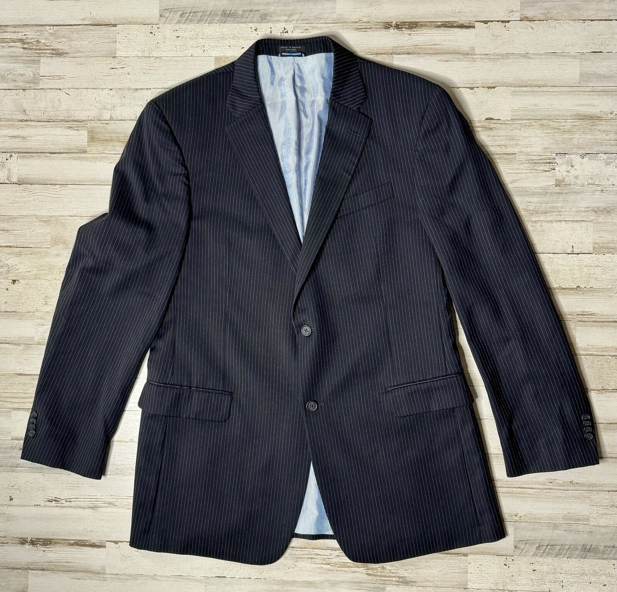 Tommy Hilfiger Jacket Black Striped 100% Wool Twill Blazer Sport Coat 44L