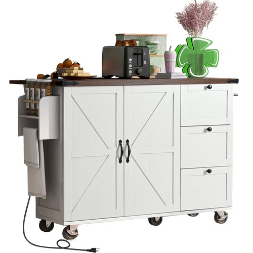 54.5" Farmhouse Kitchen Storage Island w/Power Outlet Wood Rolling Kitchen Cart - Picture 20 of 23