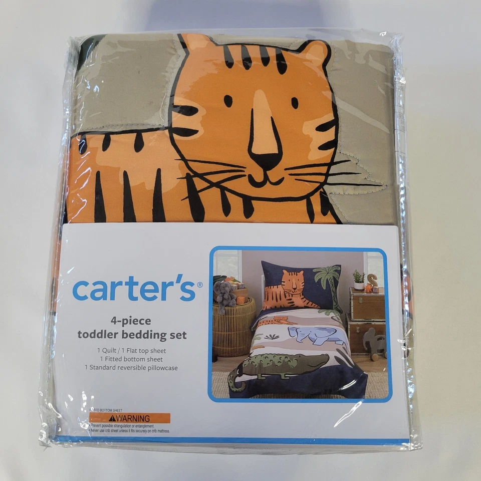 Juego de cama Carters 4 piezas para niños pequeños animales de la selva tigre elefante safari zoológico azul marino tostado Foto 2 de 4