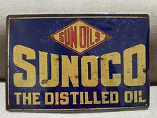 Sunoco Metal Tin Sign The Distilled Oil Retro 13”x8”