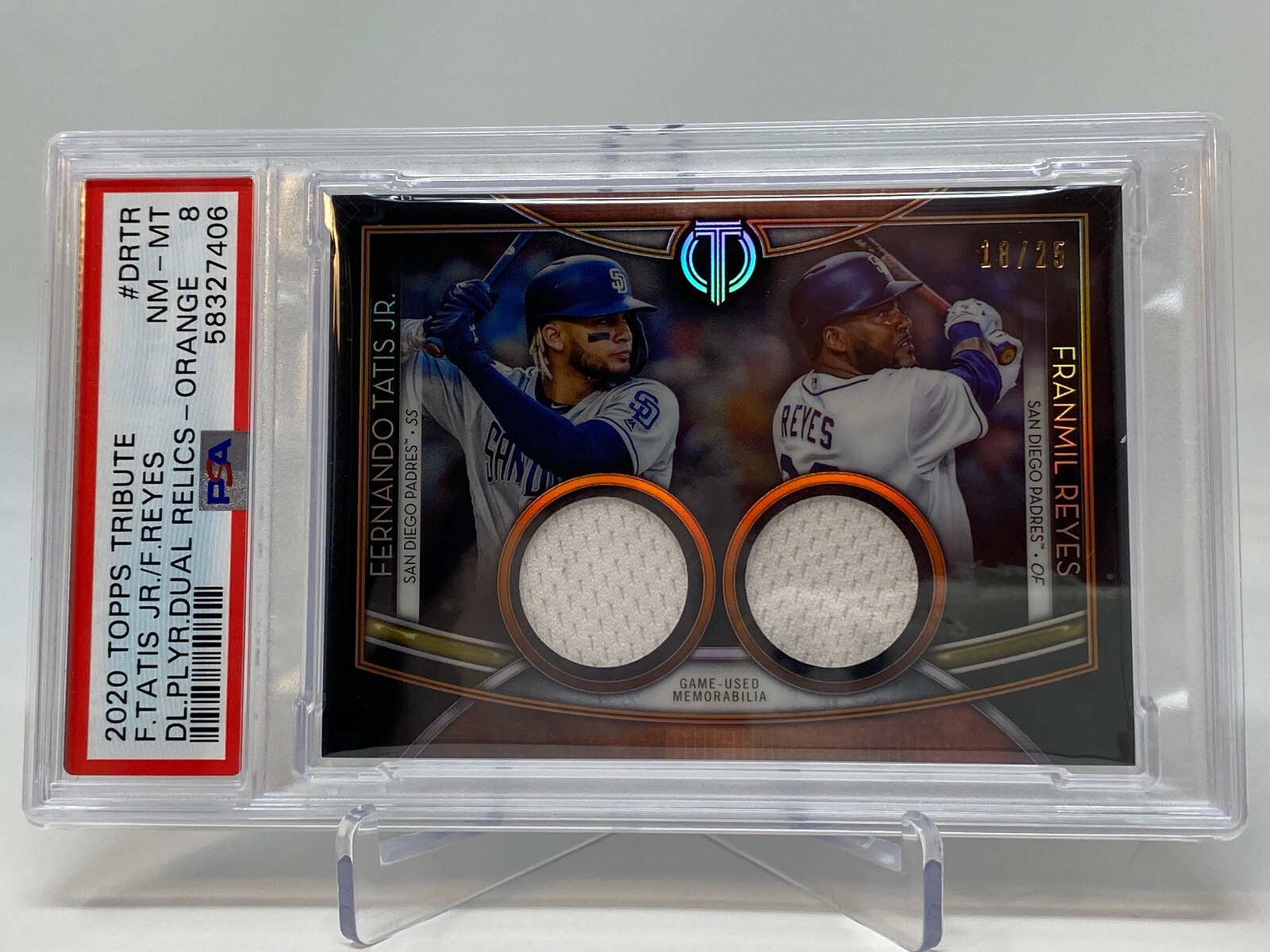 2020 Topps Tribute Dual Relic ORANGE Serial #18/25  Fernando Tatis Jr. PSA 8 view 6