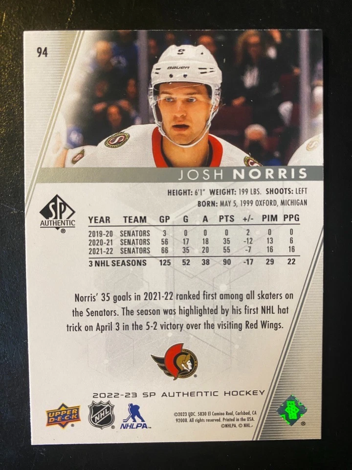 Tim Stutzle 2022-23 Upper Deck SP Authentic Hockey #18 Ottawa Senators - Image 2 of 2