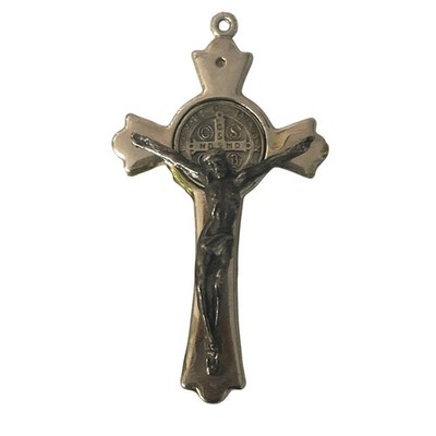 Saint St Benedict Medal Crucifix Cross Silver Tone Pendant Vintage Made in Italy