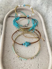 Mixed Bohemian Bracelets Set Of 5 Teal Blue Beaded Bangle Cord Stacking Layering