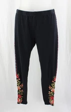 Johnny Was Women's Black Orange Multi Side Embroidered Print Cotton Leggings M