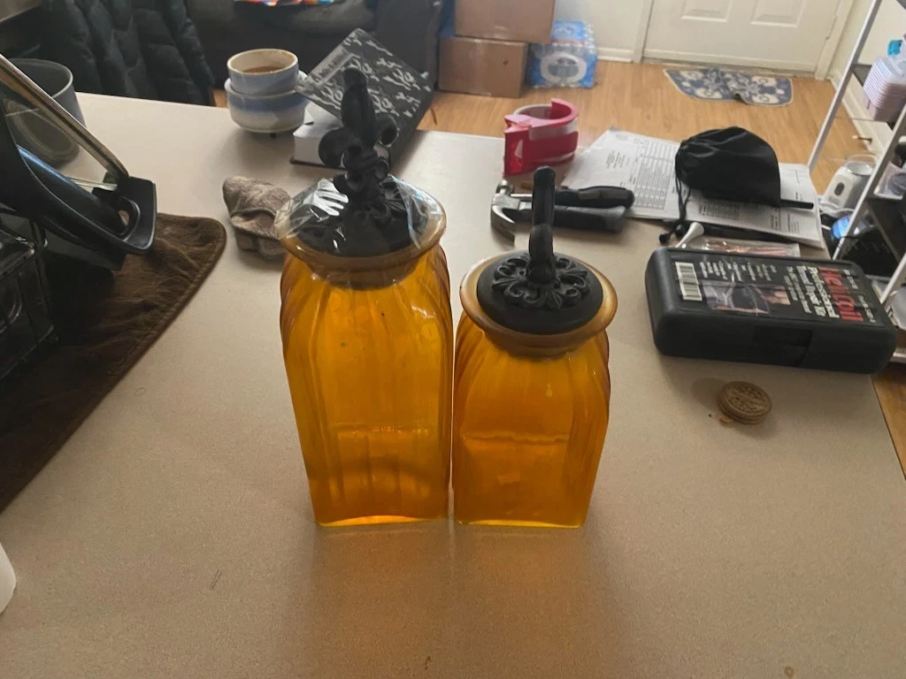 Vintage Set of 2 Amber Glass Canisters Jars with Pewter Lids Topper Handblown