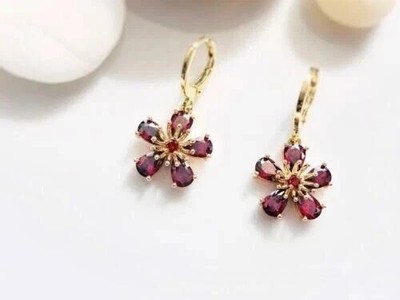 Pear Simulated Red Garnet Women's Flower Drop Earrings In 14K Yellow Gold Plated
