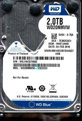 WD20NMVW-11EDZS3 S/N: WXJ1A DCM: HHKTJHKB WESTERN DIGITAL 2TB THAILAND FEB 2016