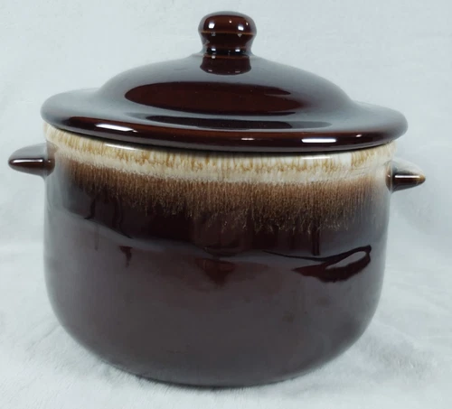 Vintage Mccoy Pottery Brown Drip Bean Pot Casserole Crock has handles & Lid