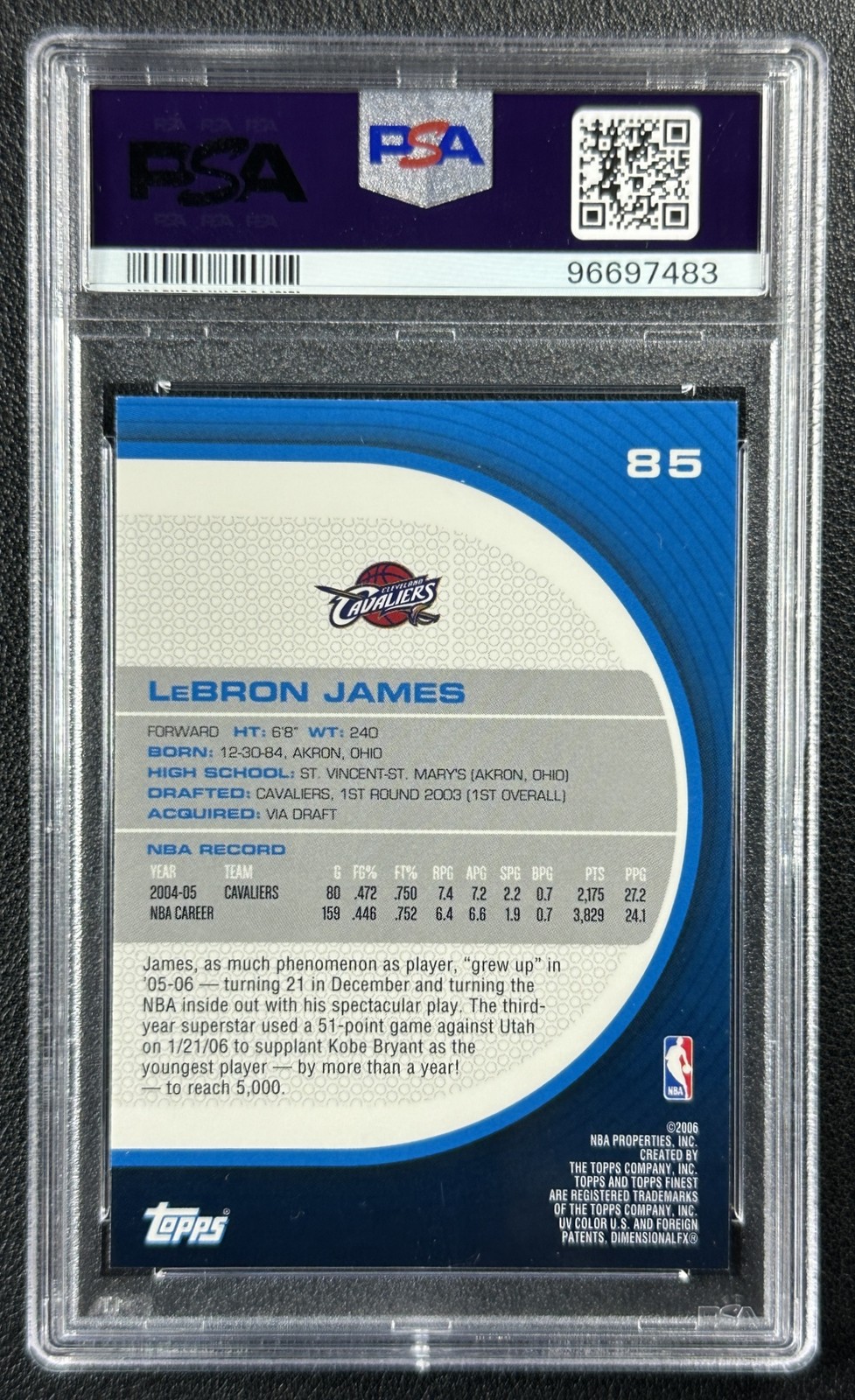 LEBRON JAMES PSA 9 2005-06 TOPPS FINEST #85 CAVALIERS 7483 view 2