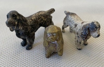Sweet but Sad Vintage Cocker Spaniel Dog Lot of 3 Painted Bronze Color Metal