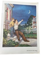 Vtg 1933 Providence Lithograph Print Father Son Stars Moon Astronomy Art