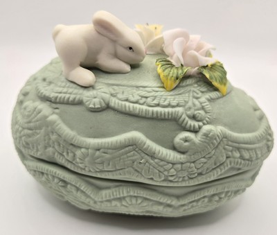 Easter Decor Egg Trinket Box pastel green white bunny rabbit & flowers embossed