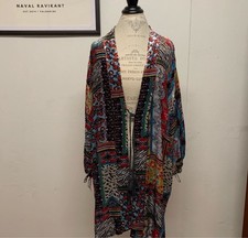 Johnny Was Multicolor Patchwork Kimono Jacket Blouse V-Neck Tasseled M
