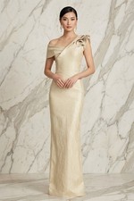 NWT Rickie Freeman for Teri Jon Metallic Jacquard Ruffle Gown in Gold Dress 8