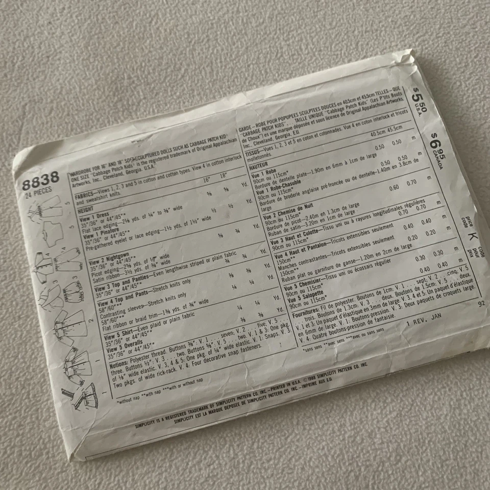 Simplicity Doll Clothes Sewing Pattern 15" Soft Sculpt Dolls 6968 & 8838 UNCUT - Image 3 of 4