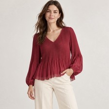 Quince Chiffon Pleated V-Neck Blouse Bright Burgundy Long Sleeve Size L NWOT