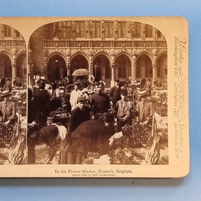 Stereoview Karte 3D Echtfoto um 1900 Brüssel Belgien traditioneller Blumenmarkt