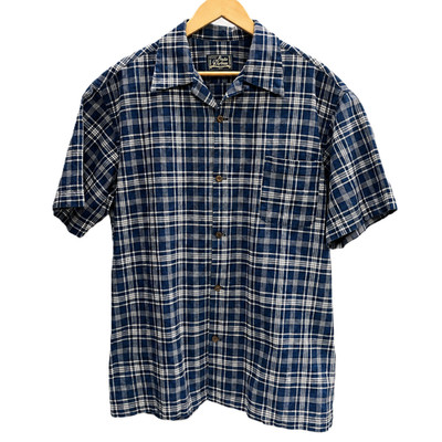 STUDIO D'ARTISAN Japan Open Collar S/S Boxy Shirt Sz44 Cotton Linen Blue Check