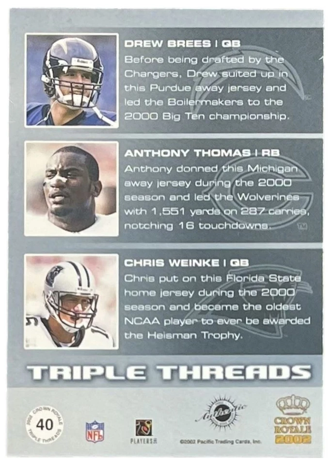 2002 Pacific Crown Royale Triple Threads Jerseys #40 Brees / Thomas / Weinke - Image 2 of 2