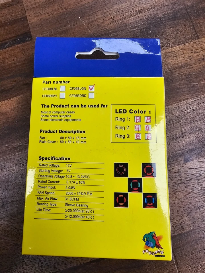 Logisys CF06BLGN 80mm Blue Green LED Ring Cooling Fan 12V 2600RPM 31.6CFM PC Cas - Image 2 of 2