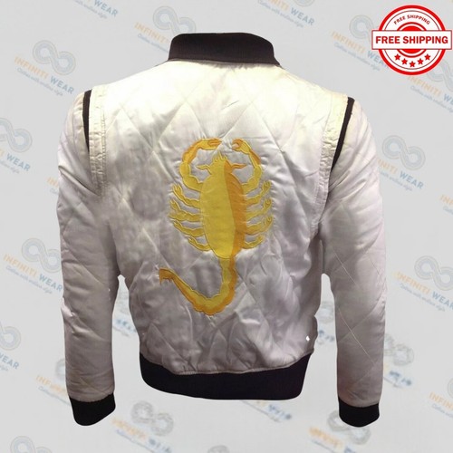 Ryan Gosling Drive Scorpion Jacket - Men's White Satin Bomber Biker Varsity | - Picture 2 of 3