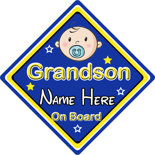 Baby On Board Car Sign ~ Grandson On Board ~ Blue - Personalised - Picture 1 of 5