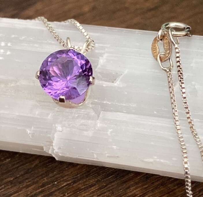 Amethyst/Pink Colored Glass Pendant on Sterling Silver Chain