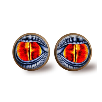 Red Dragon Eyes Glass Top Stud Earrings Handcrafted Gift 12mm Bronze Setting
