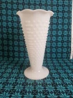 9.5" VTG Milk Glass Hobnail Vase Jacob's Ladder Design Pedestal Ruffled Rim