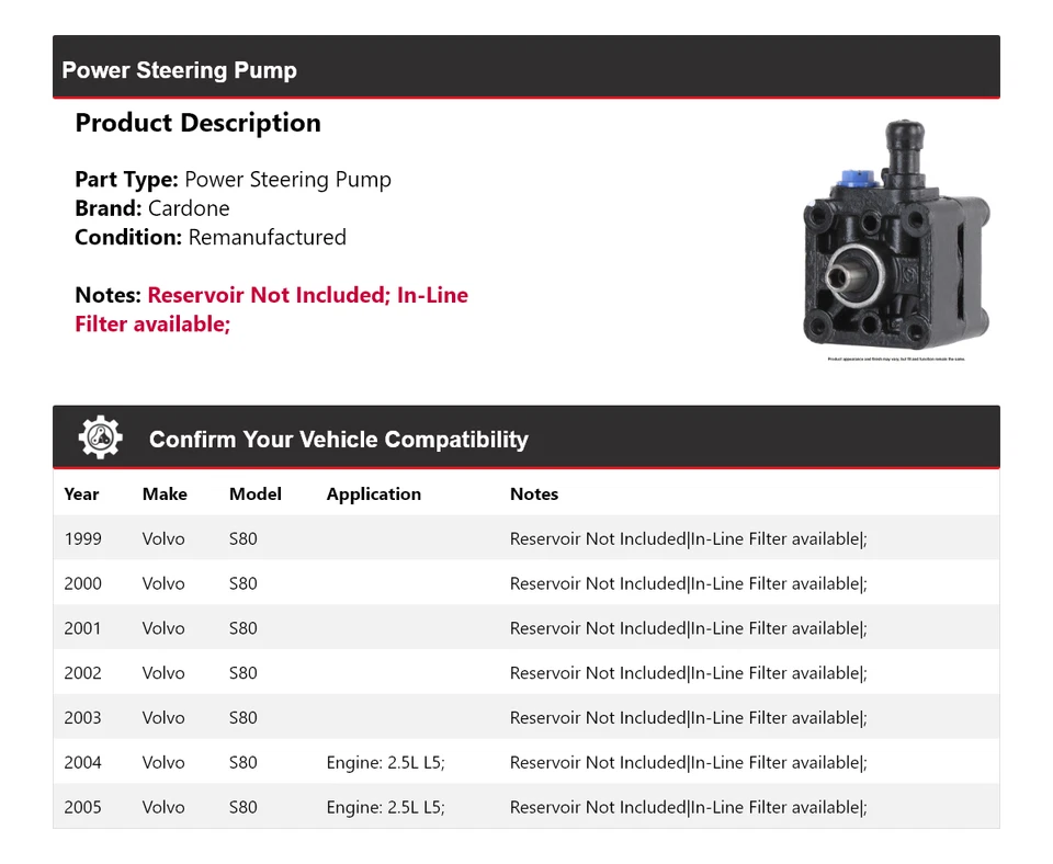 For 1999-2005 Volvo S80 Power Steering Pump Cardone 2000 2001 2002 2003 2004 - Image 2 of 4