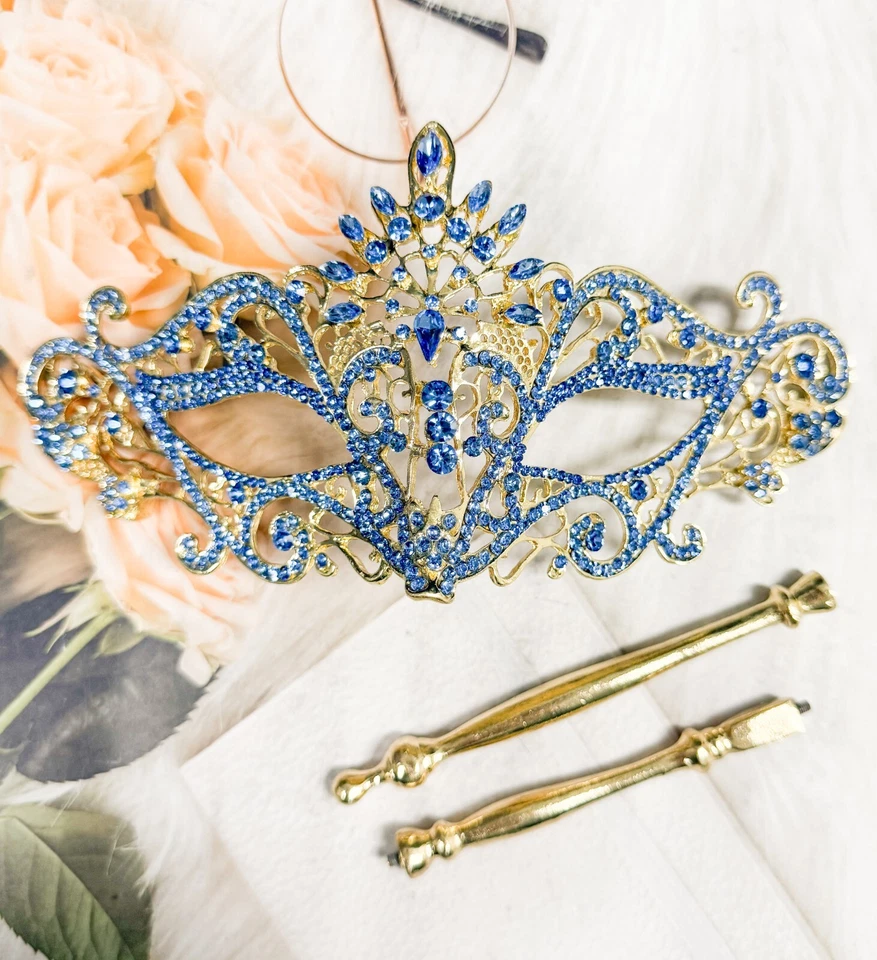 Blue Crystal Masquerade Mask with Stick, Gold Masquerade Mask, Venetian Mask - Image 3 of 4