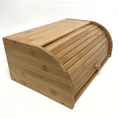 Roll Top Bamboo Wood Bread Box Loaf Container Kitchen Food Storage Bin